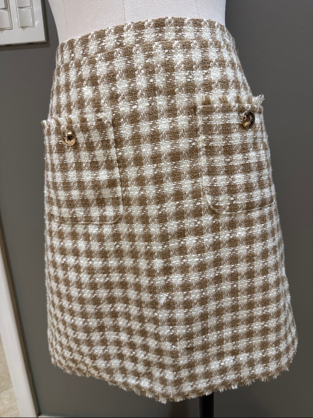 Ann Taylor Beige and White Gingham Tweed Mini Skirt